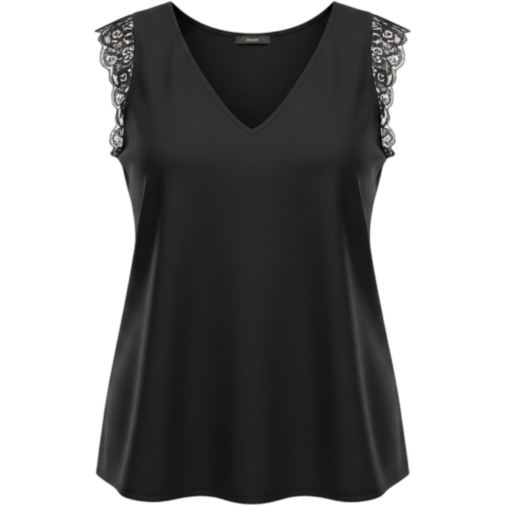 Kiabi Black Lace Trim Sleeveless V-Neck Blouse Top XXL Plus Size Woven Flowy